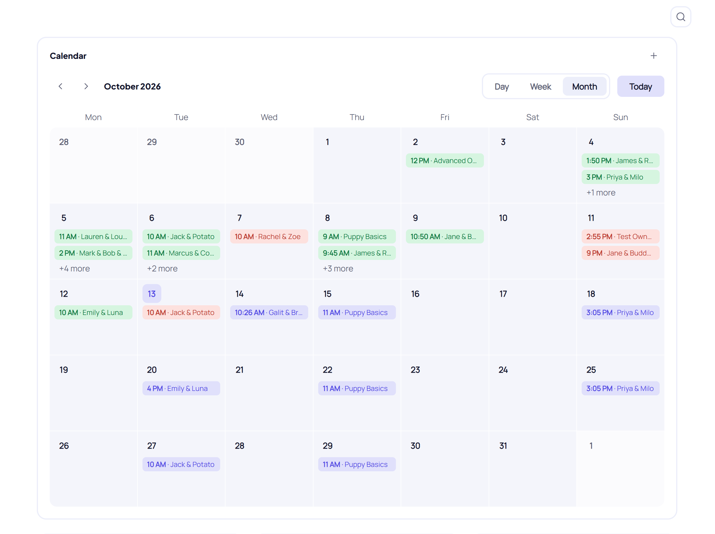 Month view with private sessions and group classes