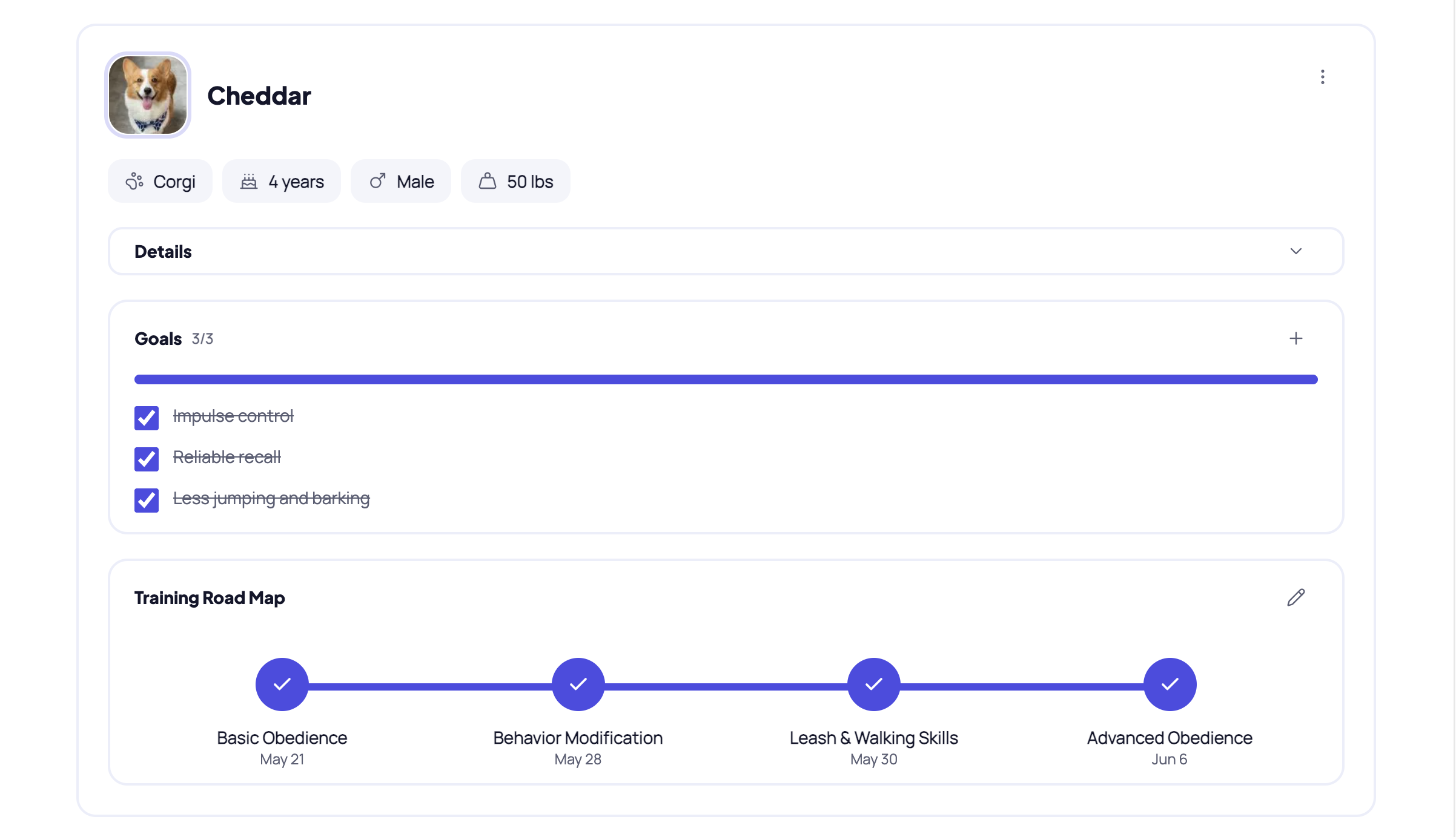 A dog's profile with their training roadmap