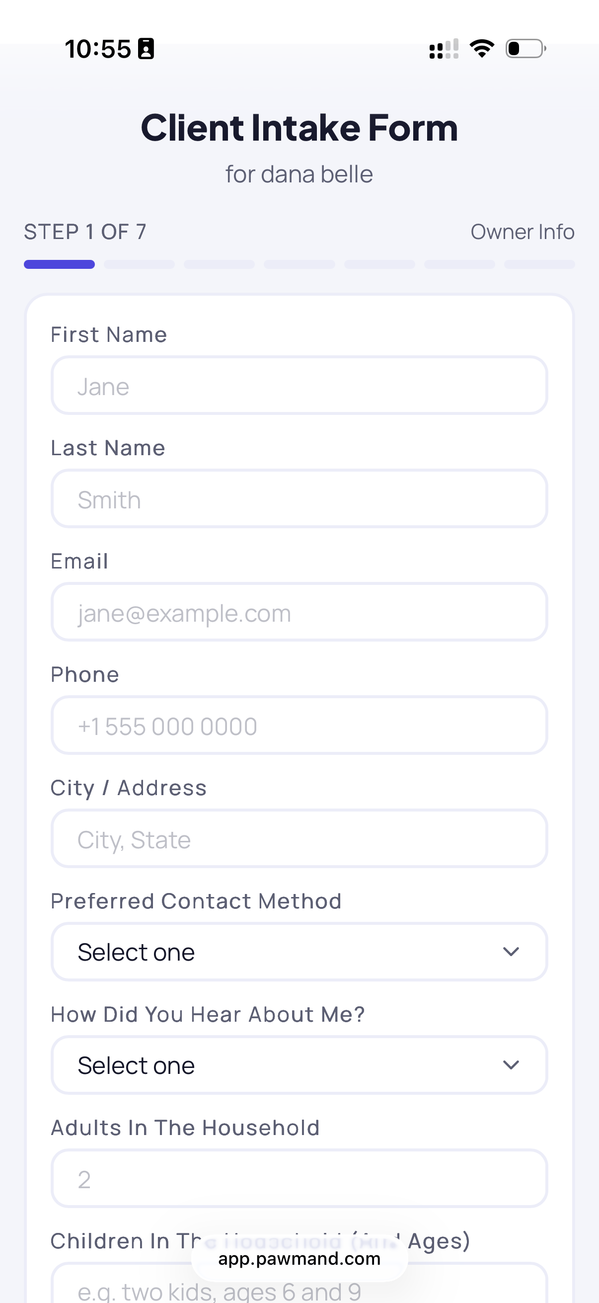 The intake form on a phone