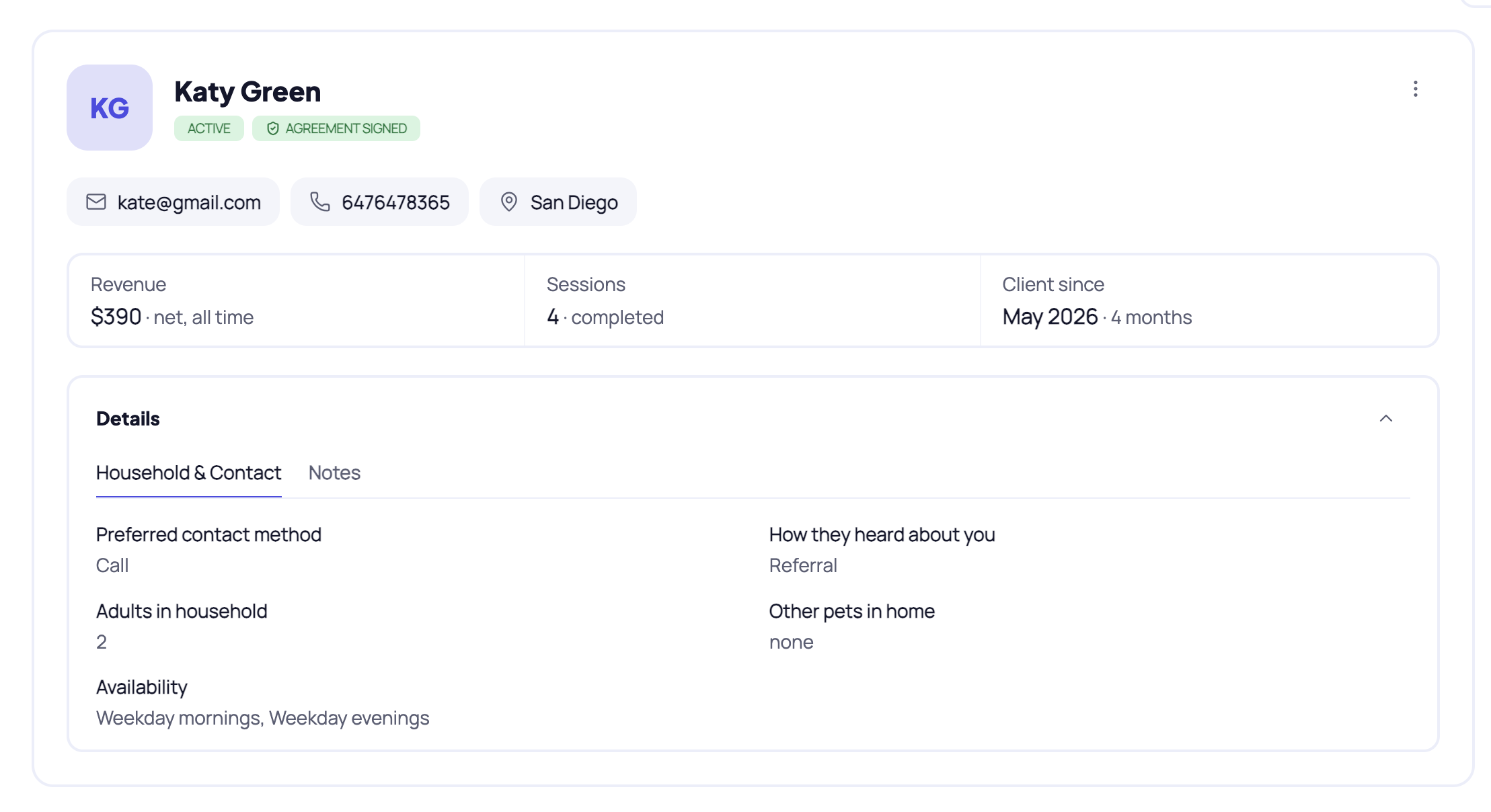An owner's profile with their dogs and billing